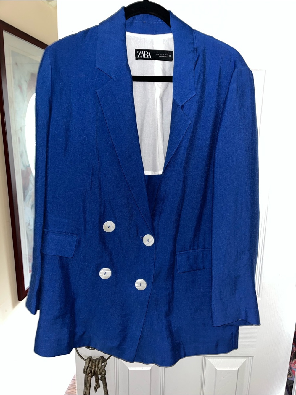 Zara Royal Blue Double-Breasted Linen-Blend Blazer